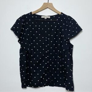 Loft Black White Polka Dot Button Front Flutter Short Sleeve Blouse Top - PLarge